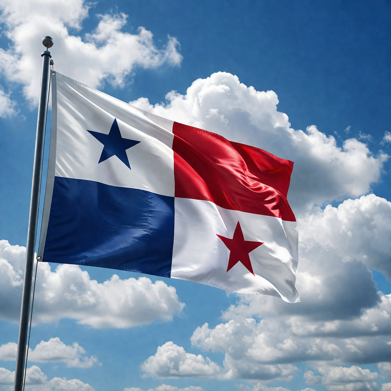 Bandera de Panamá ondeando frente al skyline de la ciudad