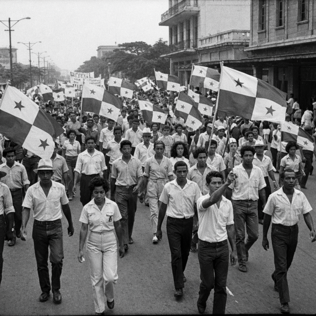 Estudiantes ondeando banderas de Panamá durante una manifestación histórica